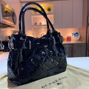 Burberry Beaton Large Quilted Black Patent Leather Tote Bag